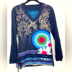 Desigual Navy and Mixed Patterned Long Sleeve Top includes velvet bling daisy